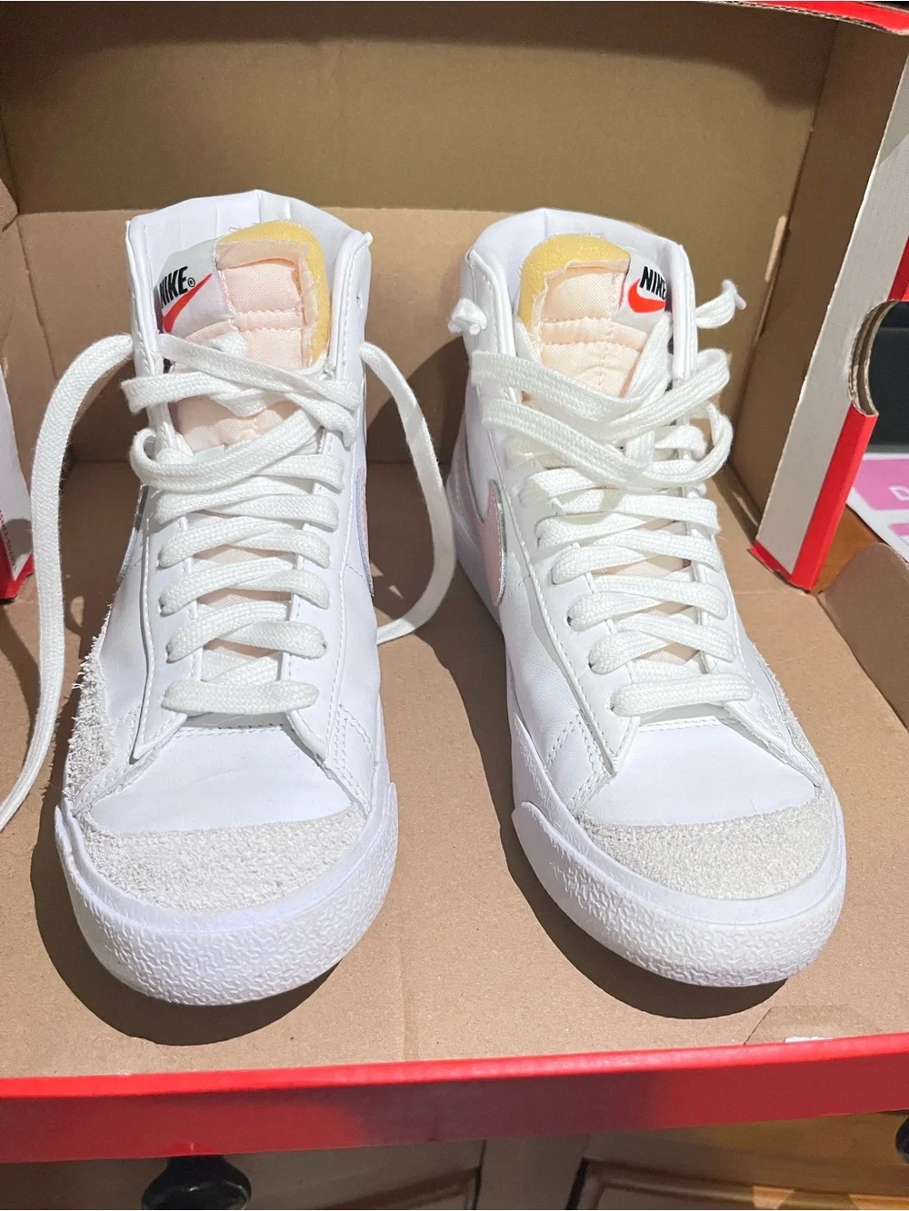 Nike Women’s White and Cream High-Top Sneakers with Red Logo